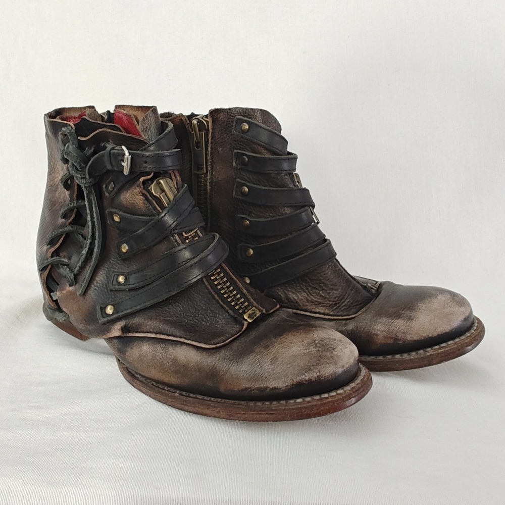 Freebird Limerick Boots Ankle Leather Hidden Heel Moto Distressed Brown Black 9